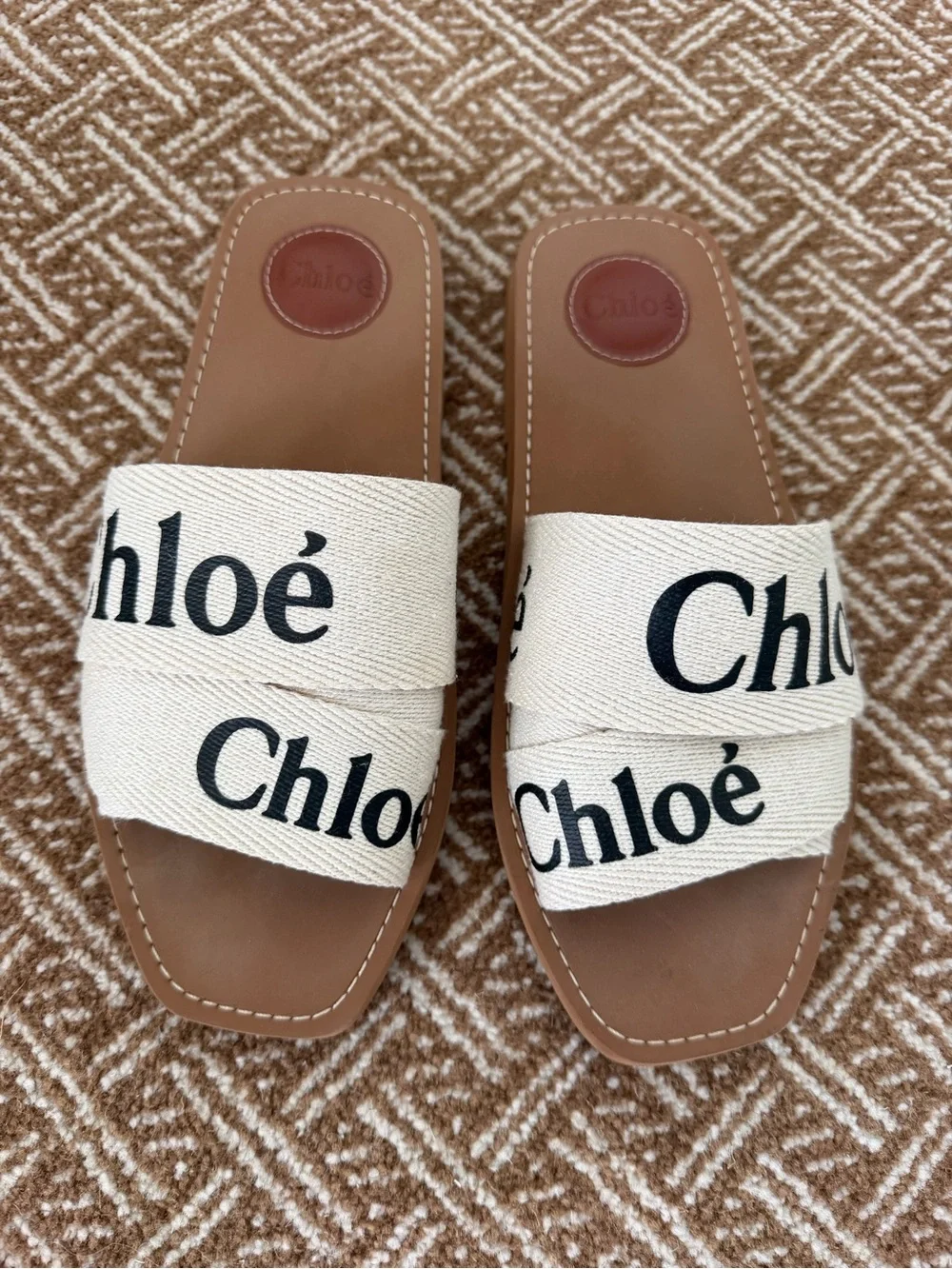 Chloé Cream Canvas Logo Slide Sandals with Brown Leather Sole